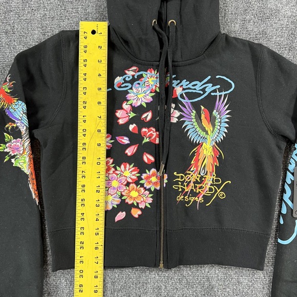 Ed Hardy Hoodie Womens Medium Black Cropped Floral Phoenix Tattoo Full Zip - Picture 13 of 15
